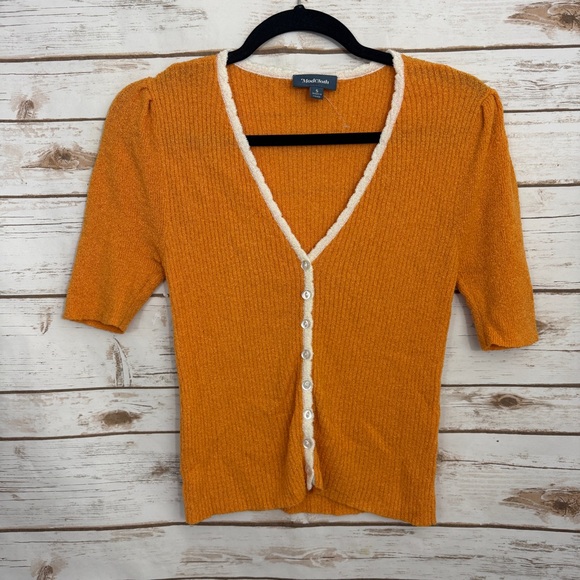 ModCloth Orange Ribbed Button Short Sleeve Cardigan Sweater - Picture 1 of 5
